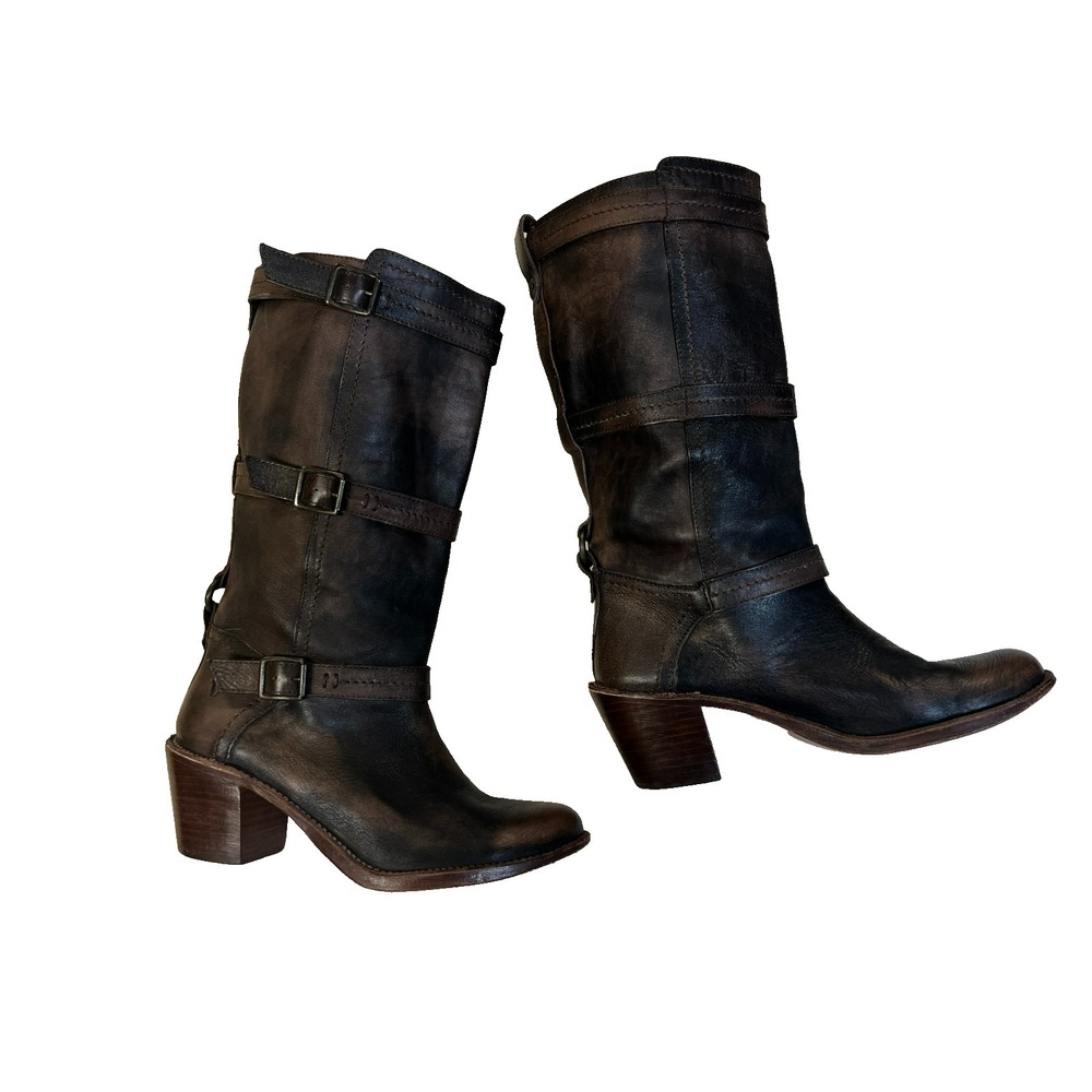 Frye‎ Vintage Carmen Distressed Brown Leather Western Boot 3 Buckle Straps SZ 10